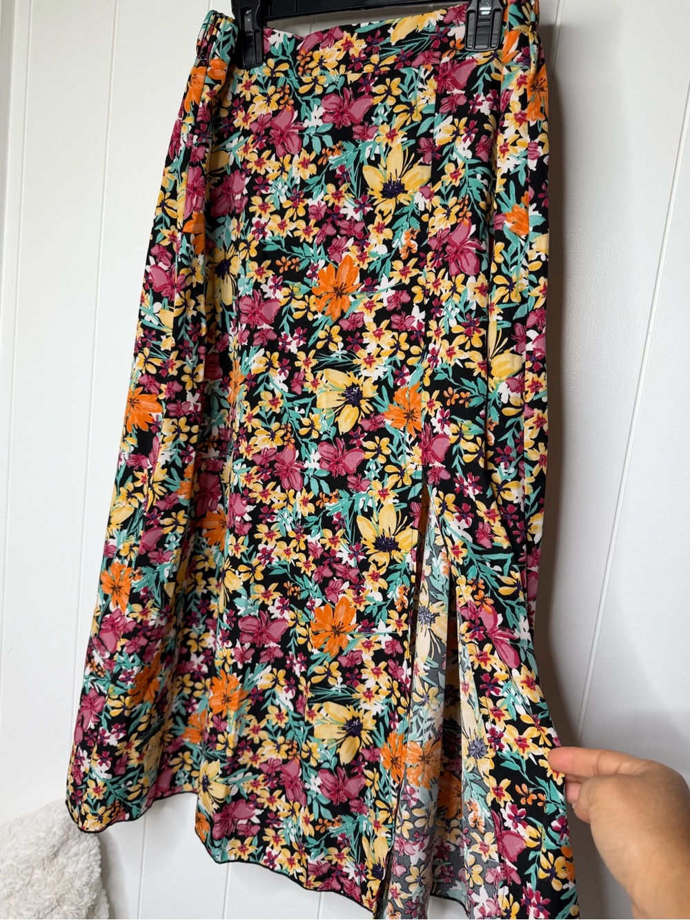 SHEIN Black Floral A-Line Midi Skirt with Yellow, Orange & Pink Accents